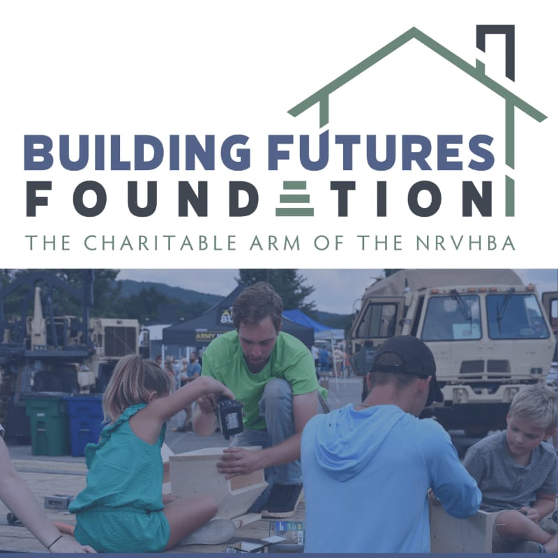 A logo for the Building Futures Foundation is positioned above a scene of children and an adult working on a project outdoors with military vehicles in the background.