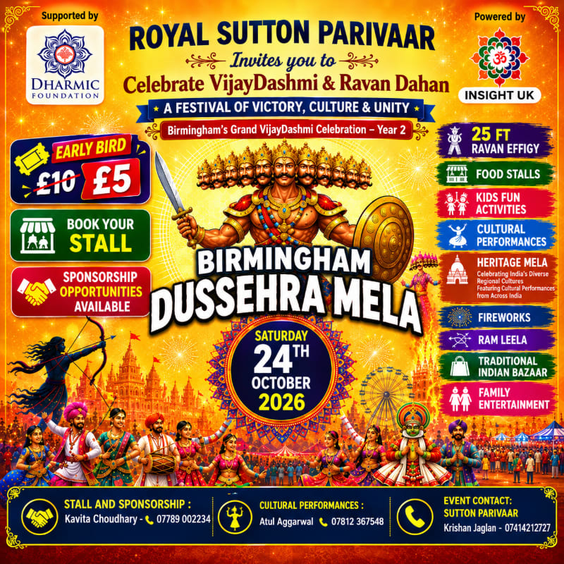 A colorful event poster for the Birmingham Dussehra Mela features a central illustration of a multi-headed Ravana in the foreground, set against a vibrant background of traditional Indian festivities, dancers, and celebratory text.