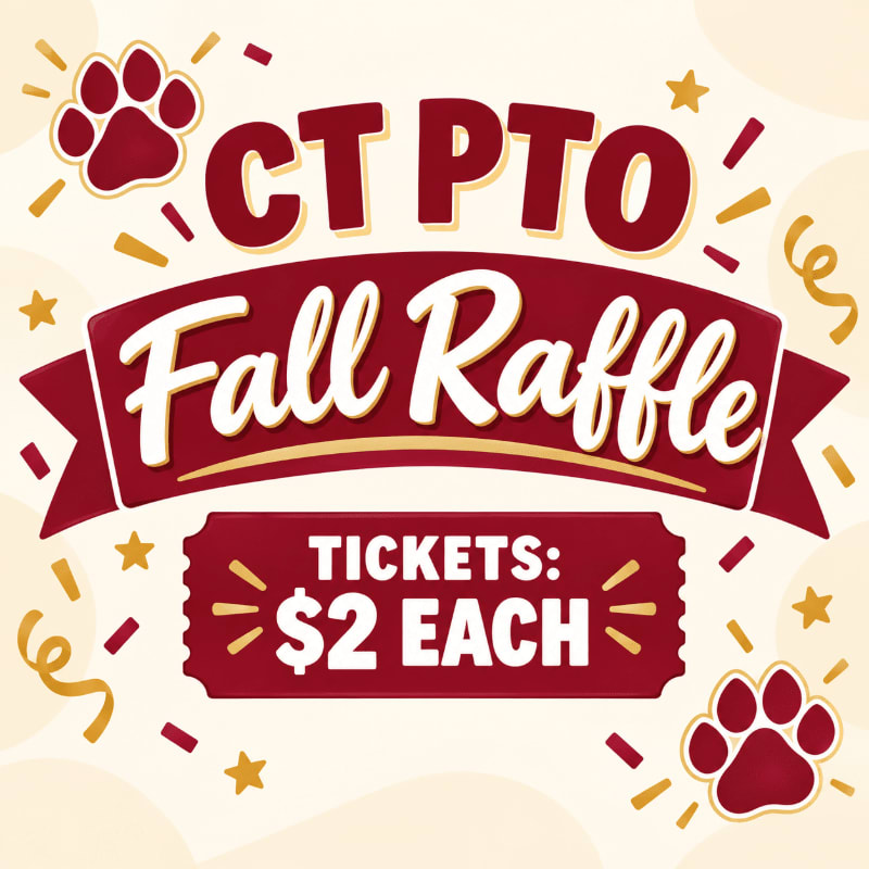 A "CT PTO Fall Raffle" announcement with ticket pricing is centered in the foreground against a cream background decorated with red paw prints and gold confetti.