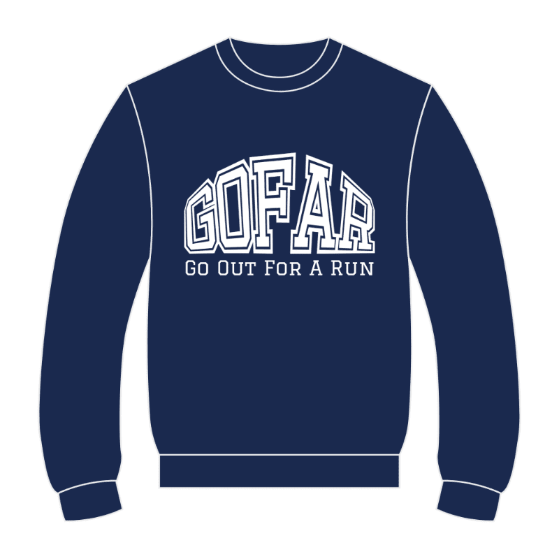 A navy blue sweatshirt with white "GO FAR" text is centered against a plain white background.
