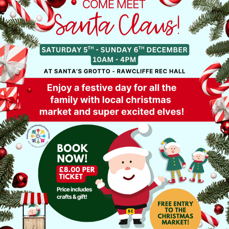 A festive advertisement for "Come Meet Santa Claus!" features a cartoon Santa in the foreground with elves and a ticket booth, set against a background of Christmas decorations and event details.
