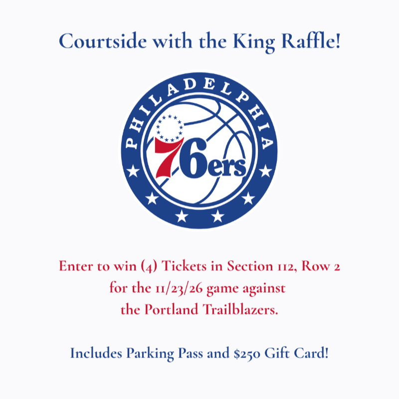 A Philadelphia 76ers logo and raffle text are centered against a plain white background.