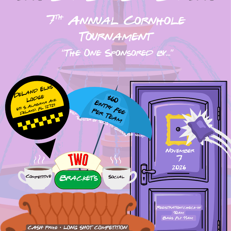 A colorful event flyer for a cornhole tournament features a purple door, a blue umbrella, and coffee cups in the foreground against a soft purple background with a fountain.