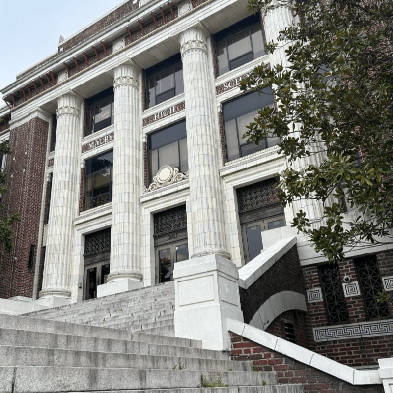 Concrete stairs lead up to a grand brick building with large white columns under a clear sky, framed by green leafy branches.