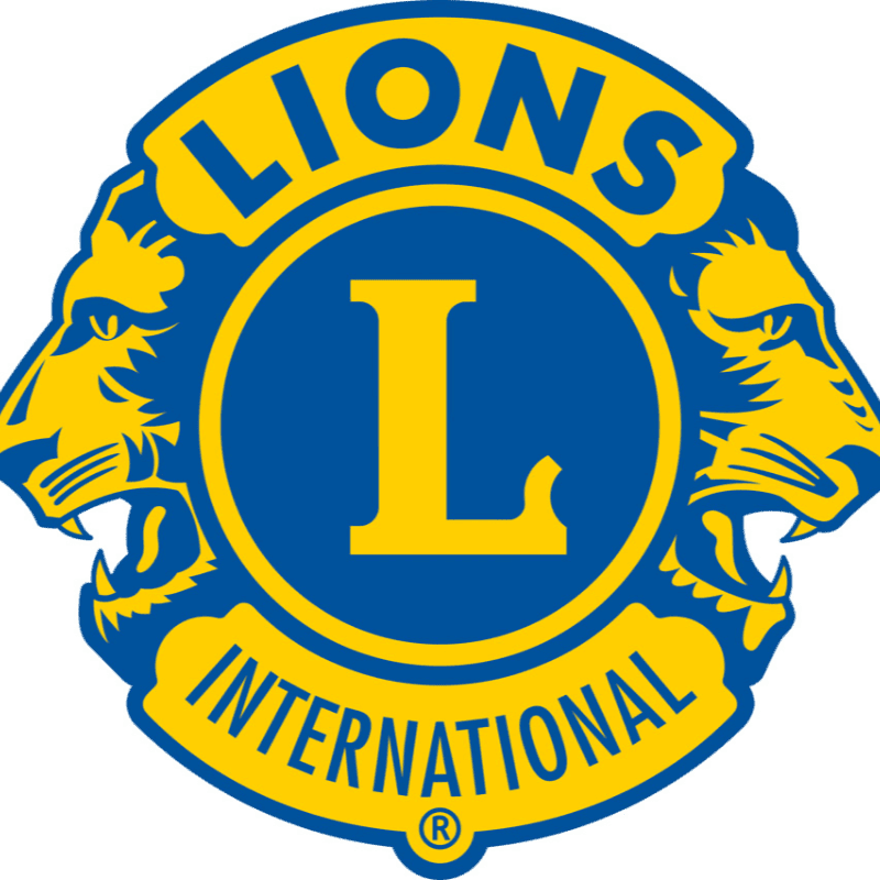 A yellow and blue circular logo featuring a large yellow "L" in the center, flanked by two roaring lion heads, with the words "LIONS INTERNATIONAL" curved around the outer edge on a white background.
