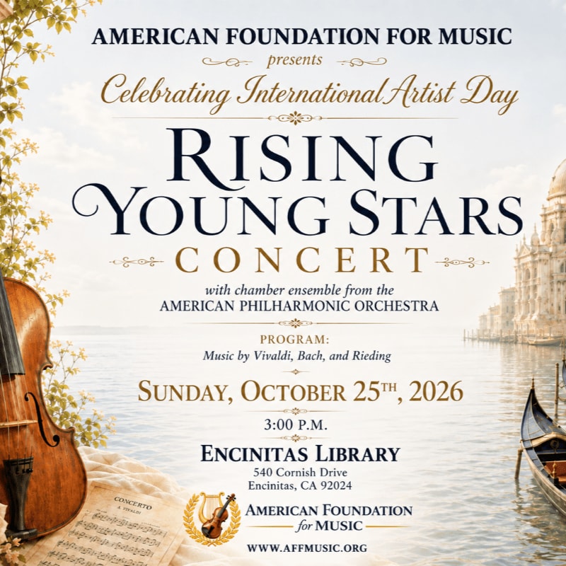 A violin and sheet music sit in the foreground against a background of a Venetian canal and cityscape, overlaid with concert announcement text.