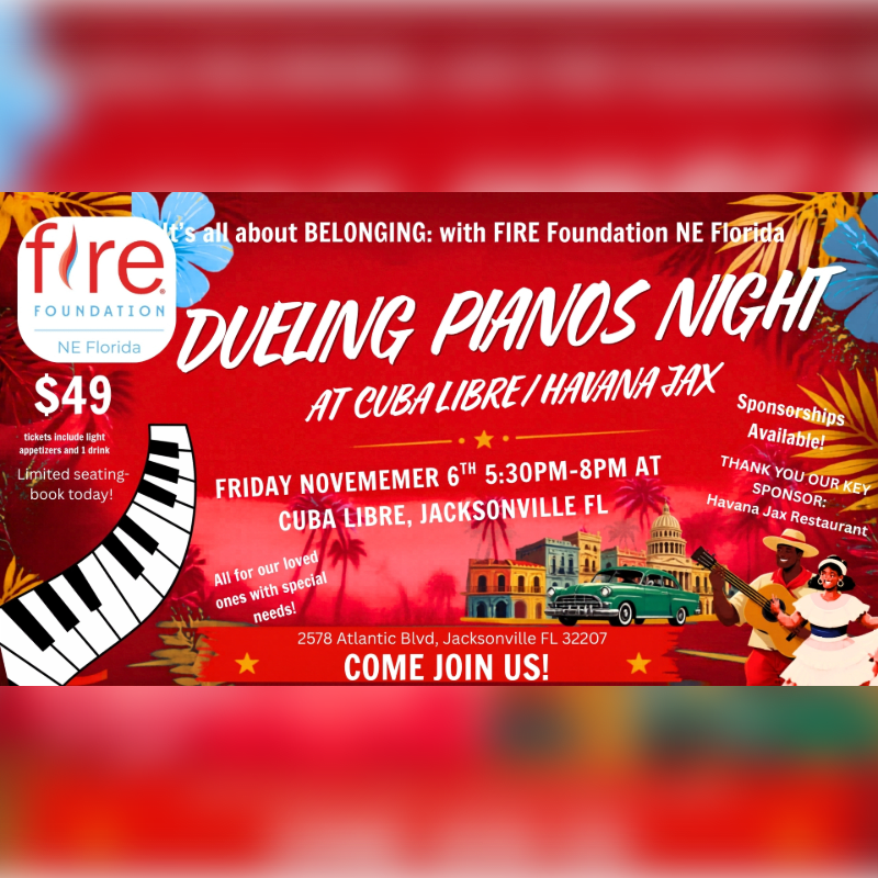 A promotional flyer for a "Dueling Pianos Night" features bold white and red text over a background of a Cuban street scene with a vintage car and musicians.
