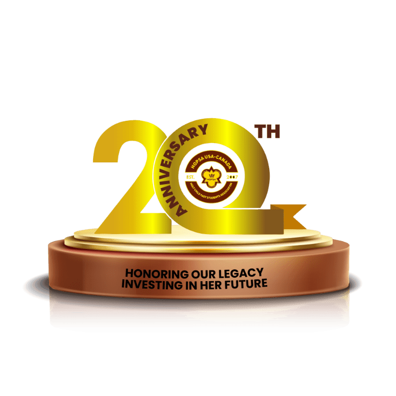 A golden "20th Anniversary" logo with a central emblem sits atop a brown pedestal with the text "HONORING OUR LEGACY INVESTING IN HER FUTURE" against a plain white background.