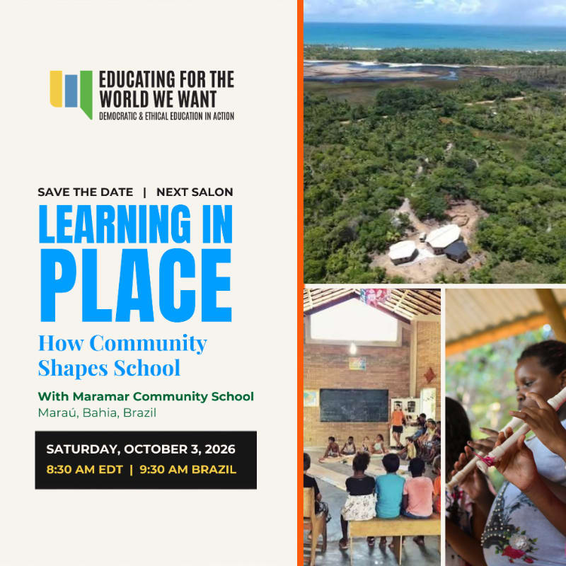 An event flyer with text on a white background is paired with photos of a lush coastal landscape and students in a classroom.