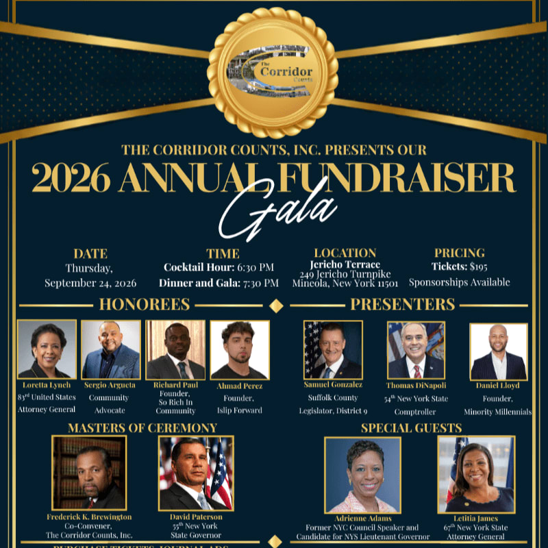A gold-bordered event flyer for the 2026 Annual Fundraiser Gala features event details and headshots of honorees, presenters, and guests against a dark navy blue background.