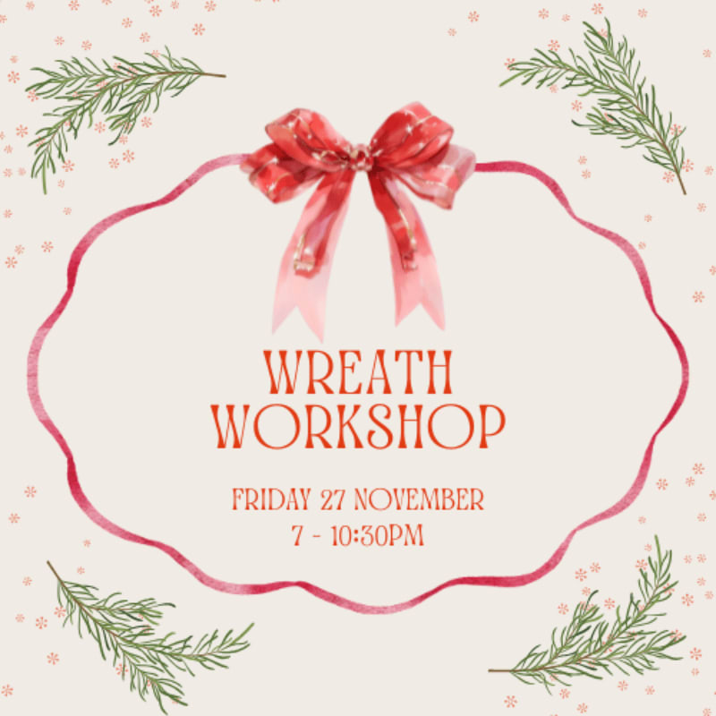 A red bow and "Wreath Workshop" text are centered within a wavy red border, set against a cream background accented with green pine sprigs and small red stars.