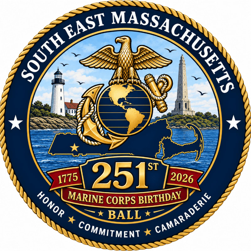 A gold-bordered emblem features a Marine Corps eagle, globe, and anchor in the foreground against a background of a lighthouse, monument, and coastal landscape.