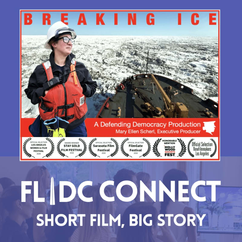 A woman in safety gear stands in the foreground of a movie poster, with a ship navigating through a frozen icy landscape in the background.