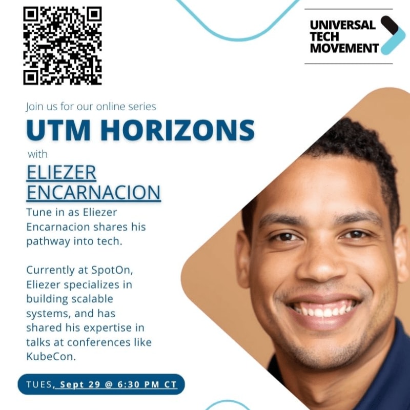 A smiling man is featured in the foreground of a promotional graphic for "UTM Horizons" with a white background containing a QR code, text, and the Universal Tech Movement logo.