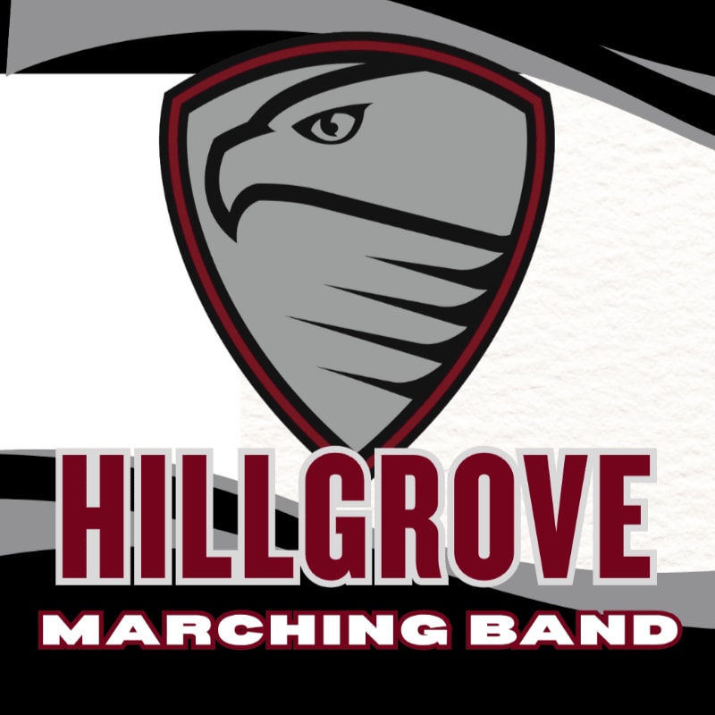 A logo featuring a grey eagle head inside a shield sits above the text "HILLGROVE MARCHING BAND" against a white and black abstract background.