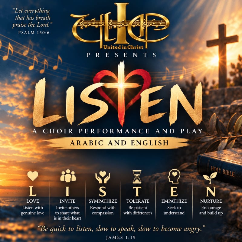A promotional poster for a choir performance and play titled "LISTEN" features gold text and a red heart with a cross in the foreground, set against a background of a sunset sky and a wooden cross on a hill.