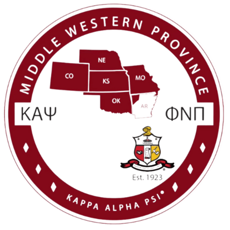 A maroon circular emblem features a map of several Midwestern states and a crest in the foreground against a white background.