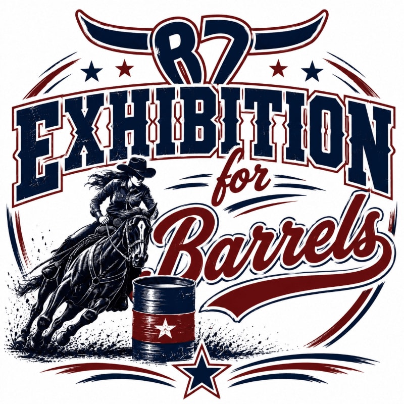 A cowgirl riding a horse next to a barrel in the foreground, set against a background of bold, stylized text and patriotic graphic elements.