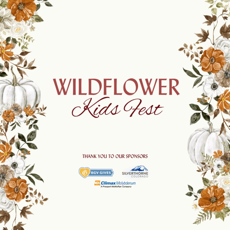 Text reading "WILDFLOWER Kids Fest" and sponsor logos are centered on a plain white background framed by autumnal floral borders and white pumpkins.