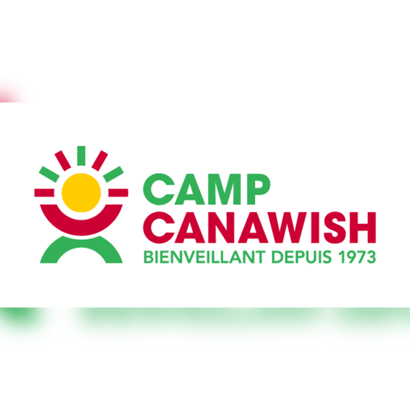 A colorful logo for Camp Canawish with a stylized sun and text is centered against a plain white background.