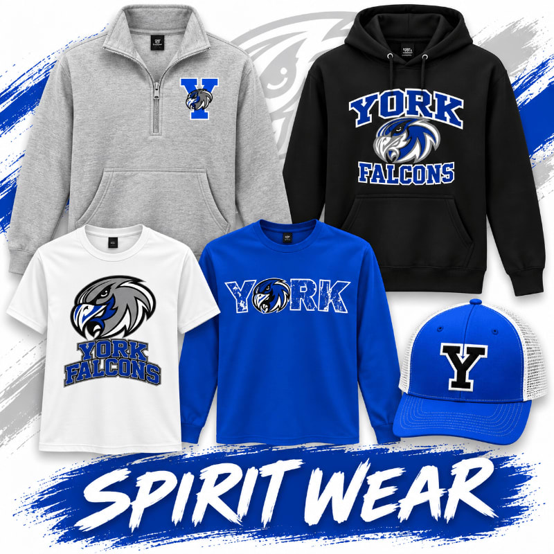 Various York Falcons branded apparel, including a grey quarter-zip, black hoodie, white t-shirt, blue long-sleeve, and blue cap, are arranged over a white background with blue paint brush strokes and the text "SPIRIT WEAR".