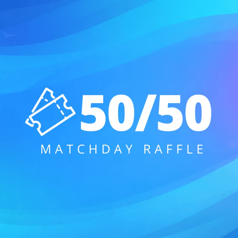 White text reading "50/50 MATCHDAY RAFFLE" and a ticket icon sit centered against a blue gradient background with wavy patterns.