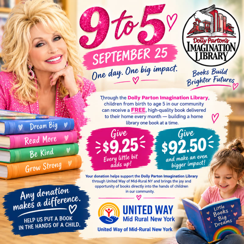 Dolly Parton and a young girl reading a book are in the foreground of a promotional flyer for the Imagination Library, set against a bright pink and white background with event details.