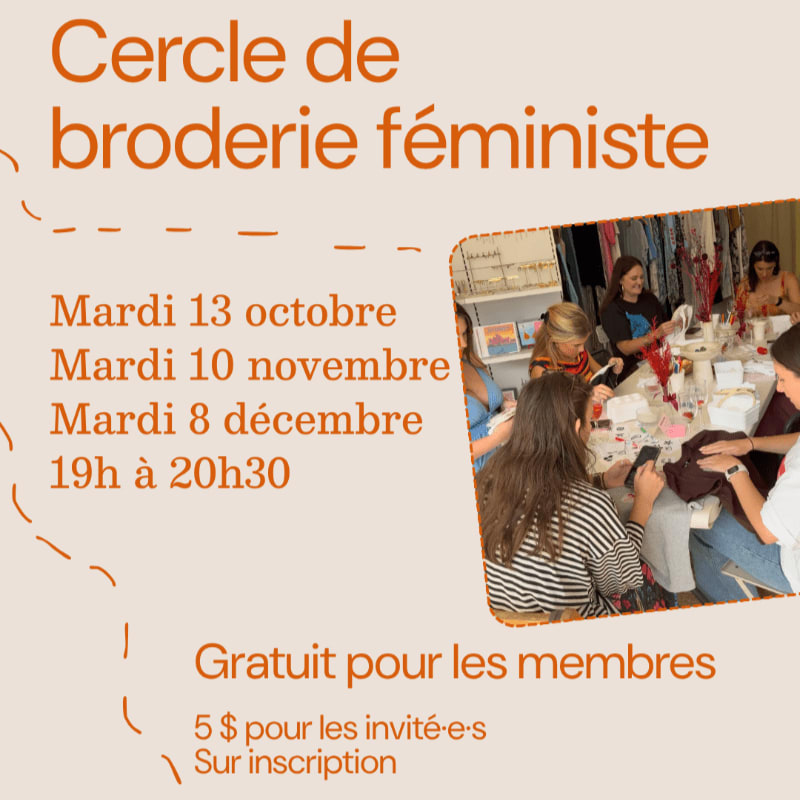 Orange and brown text detailing a feminist embroidery circle event is set against a light beige background, accompanied by a photo of women embroidering together.