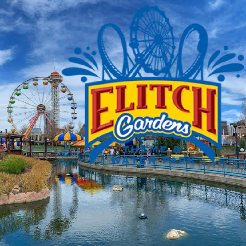 A large "Elitch Gardens" logo overlays a scene featuring a pond in the foreground and a Ferris wheel and observation tower in the background.