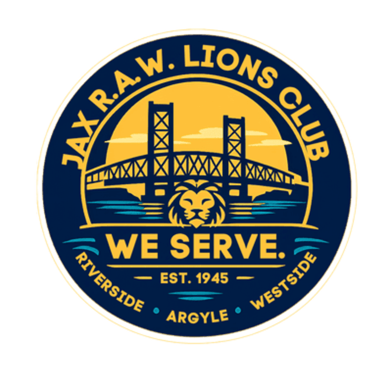 A circular logo features a bridge and a lion's head in the foreground, with the text "JAX R.A.W. LIONS CLUB WE SERVE." surrounding the emblem, all set against a blue and yellow background.