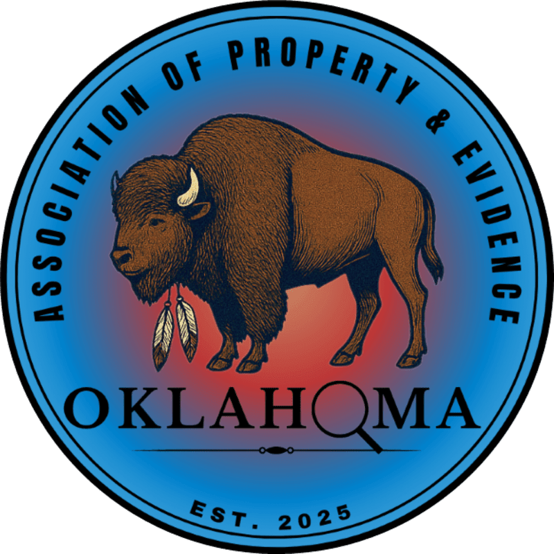 A brown bison with feathers hanging from its horn stands in the center of a blue circular logo featuring the text "ASSOCIATION OF PROPERTY & EVIDENCE OKLAHOMA EST. 2025".