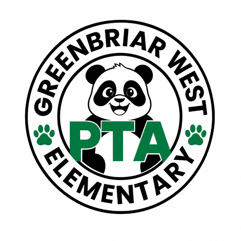 A circular logo featuring a smiling panda and green "PTA" text in the foreground, surrounded by the words "GREENBRIAR WEST ELEMENTARY" and paw prints against a white background.