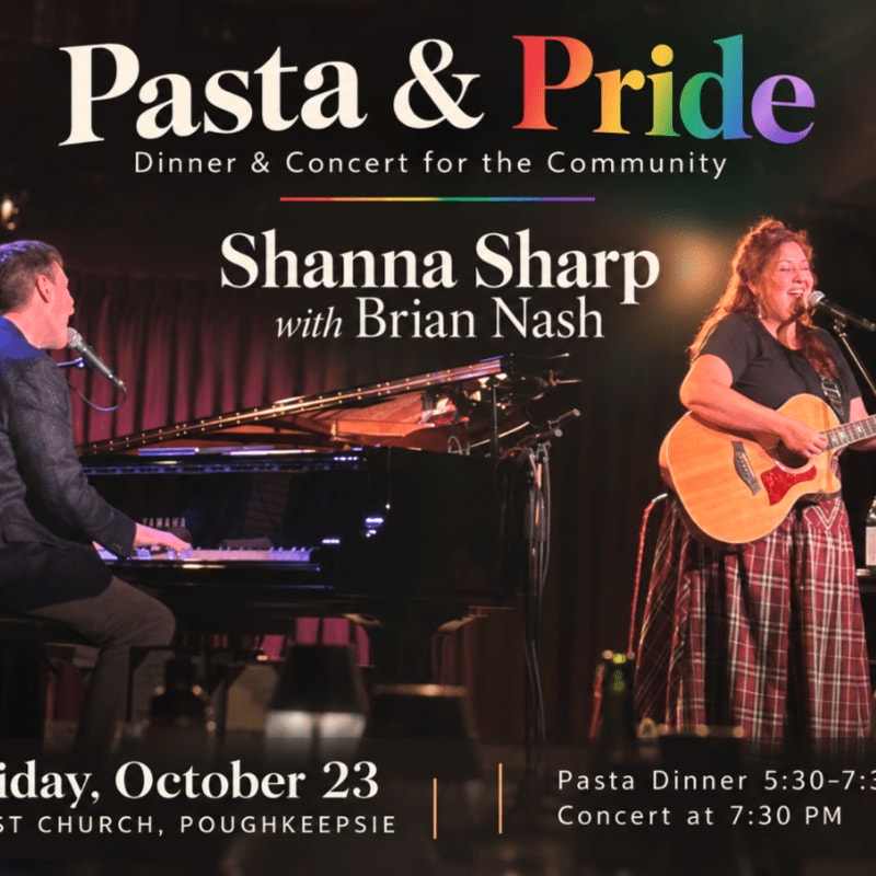 A man plays a piano and a woman plays a guitar on a stage with red curtains, under a promotional header for "Pasta & Pride."