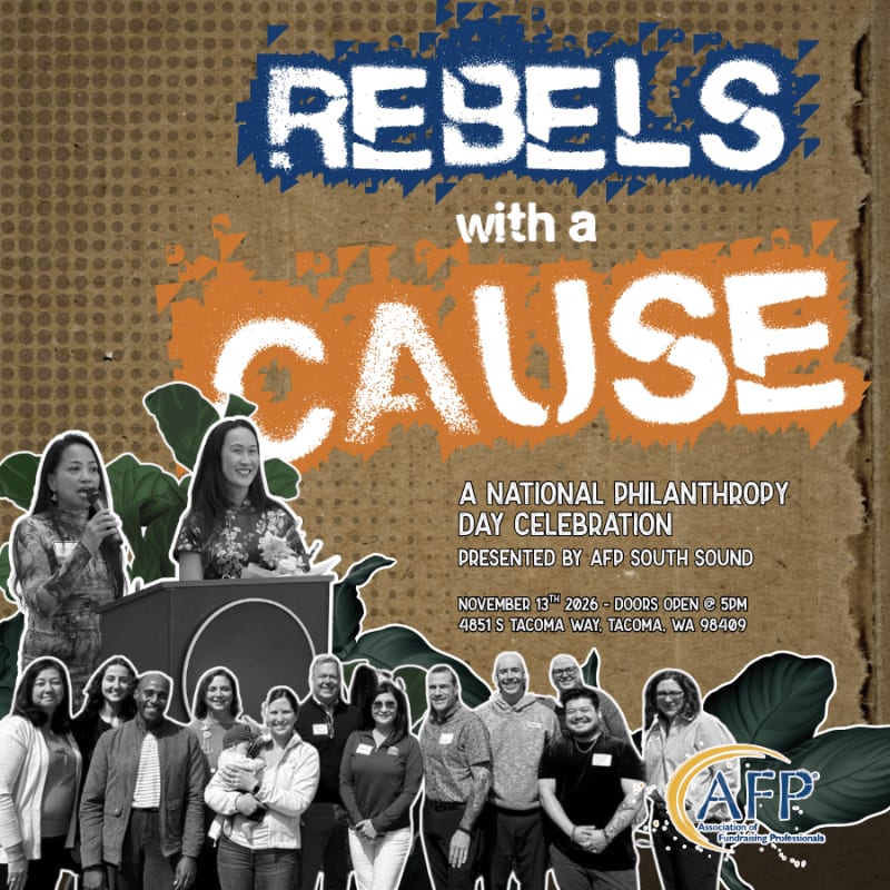 Bold text reading "REBELS with a CAUSE" and event details are layered over a brown textured background with a group of people and green foliage in the foreground.