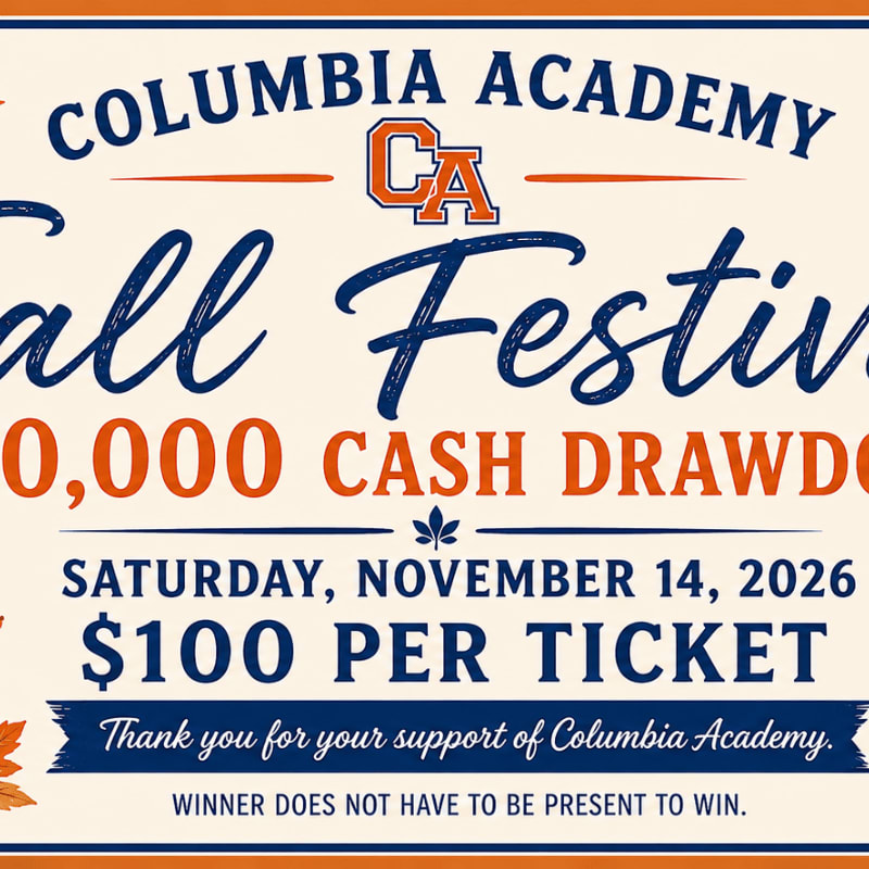 Bold blue and orange text advertising a Columbia Academy Fall Festival cash draw is set against a cream-colored background with autumn leaves in the bottom left corner.