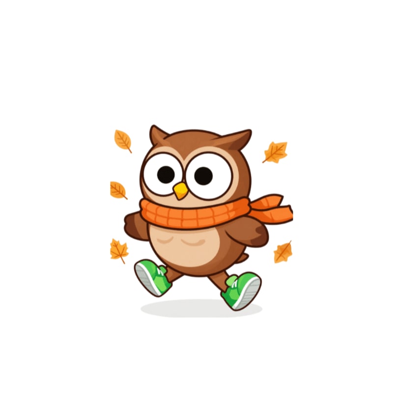A cute brown owl wearing an orange scarf and green sneakers walks among falling autumn leaves against a plain white background.