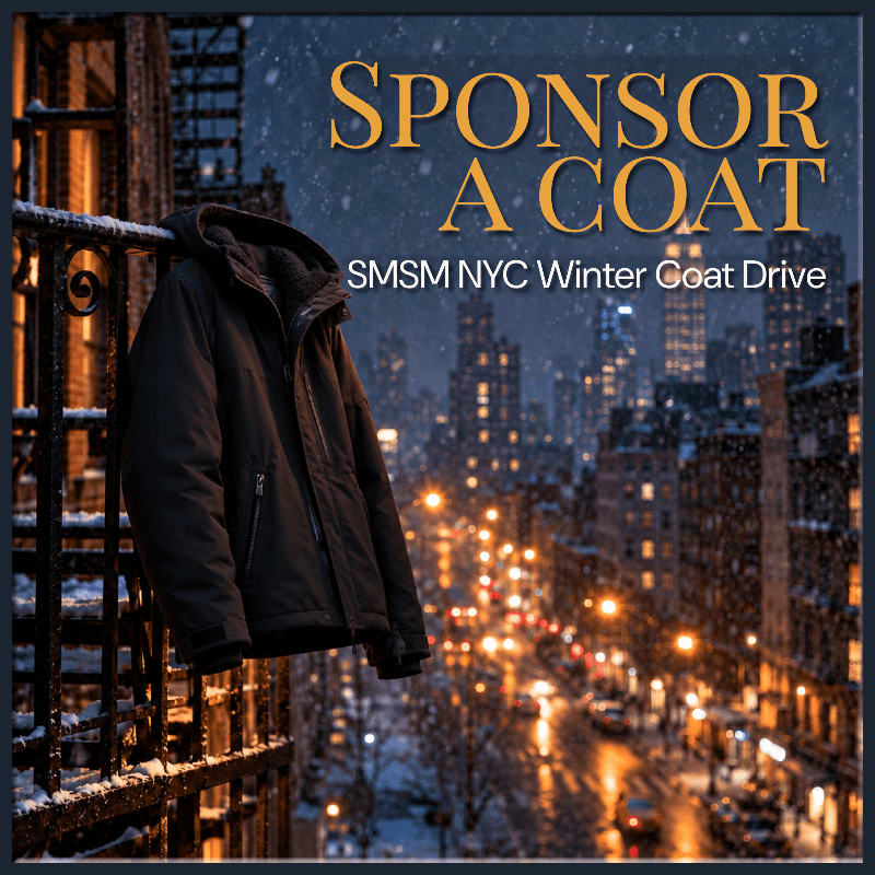 A dark winter coat hangs on a snowy fire escape in the foreground, with a blurred New York City skyline and glowing street lights in the background.