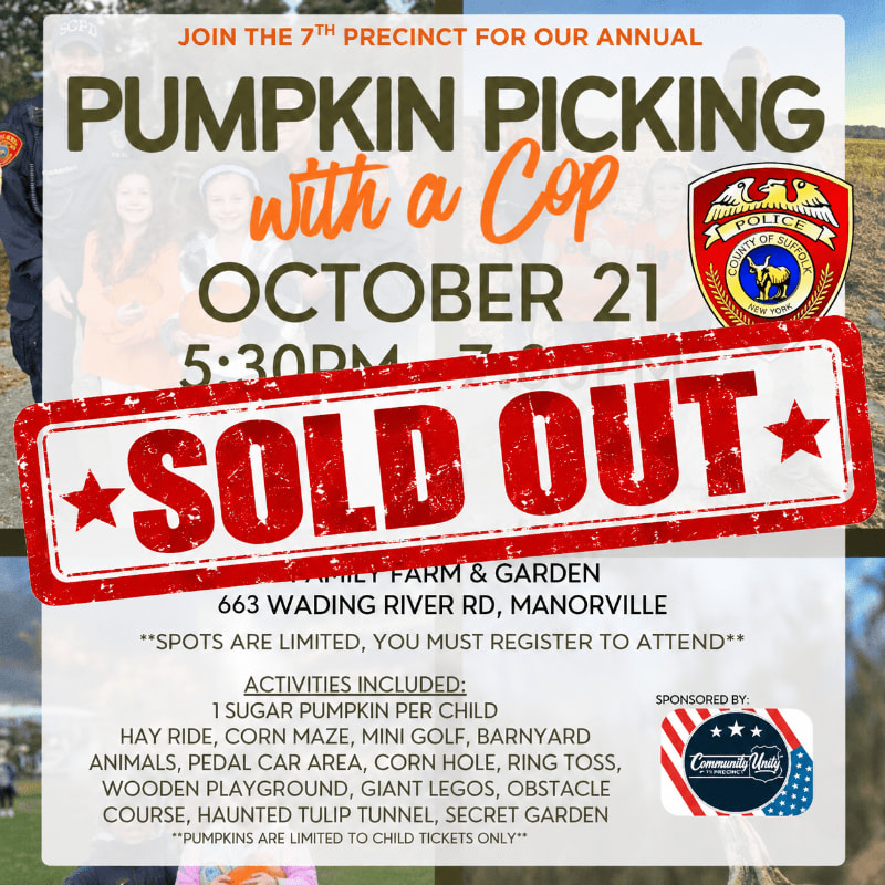 A "SOLD OUT" stamp overlays a promotional flyer for a pumpkin picking event featuring police officers and children in the background.
