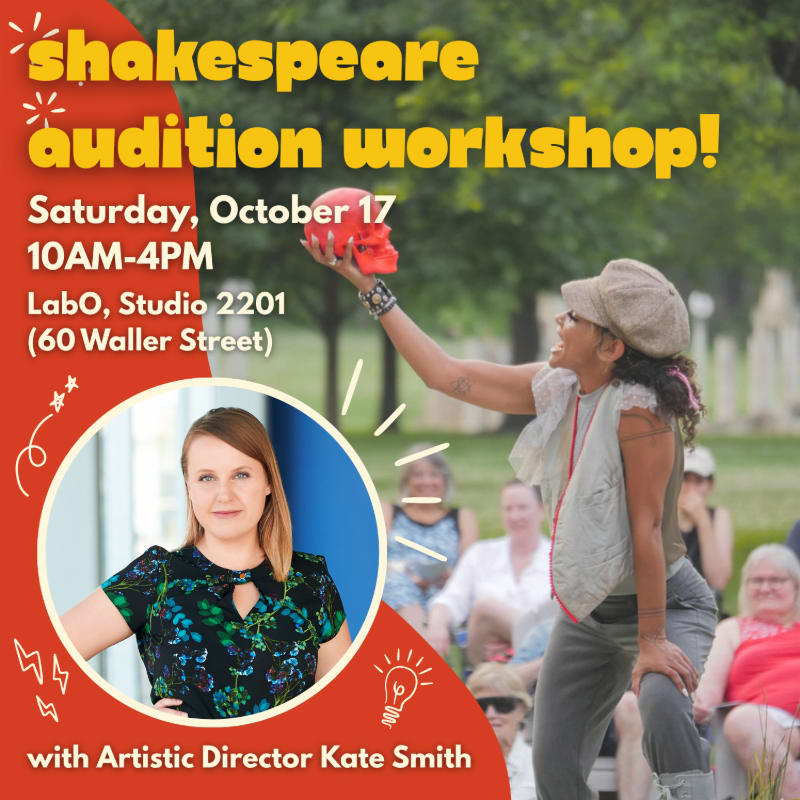 A promotional flyer for a Shakespeare audition workshop features a woman holding a red skull in the foreground and a portrait of Kate Smith set against a blurred outdoor background.
