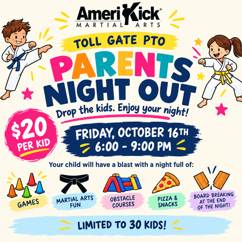A colorful promotional flyer for a "Parents Night Out" event at AmeriKick Martial Arts features cartoon children in karate uniforms in the foreground and event details against a light beige background.
