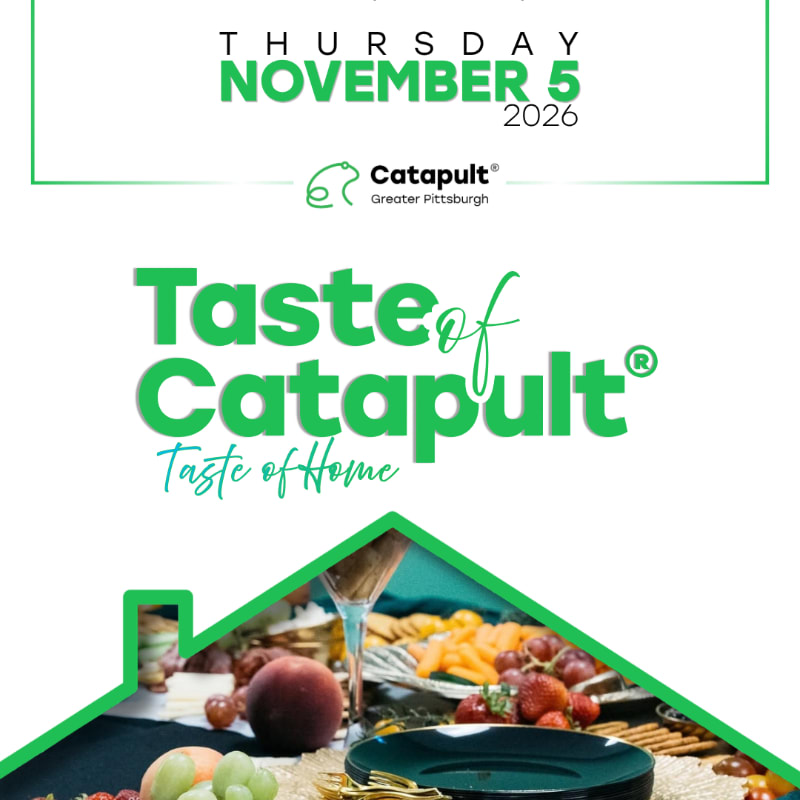 A promotional flyer for "Taste of Catapult" features event details and a logo in the foreground above a house-shaped cutout showing a variety of appetizers and drinks in the background.