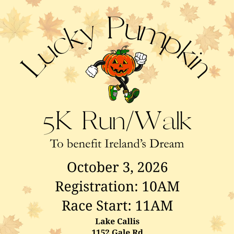 A cartoon pumpkin wearing sneakers runs in the foreground of a flyer featuring event details and a background of scattered autumn leaves.