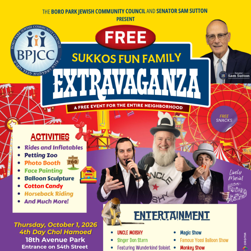 A colorful event flyer for a "Sukkos Fun Family Extravaganza" features performers and a man in a suit in the foreground against a bright yellow background with a carnival scene.