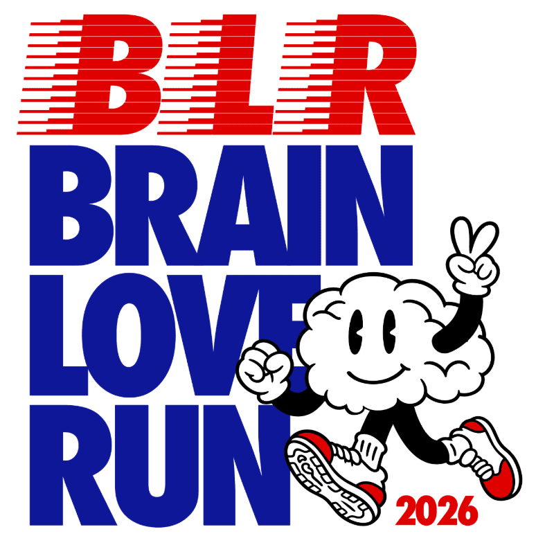 A cartoon brain character wearing sneakers runs in the foreground against a white background featuring the bold text "BLR BRAIN LOVE RUN 2026."