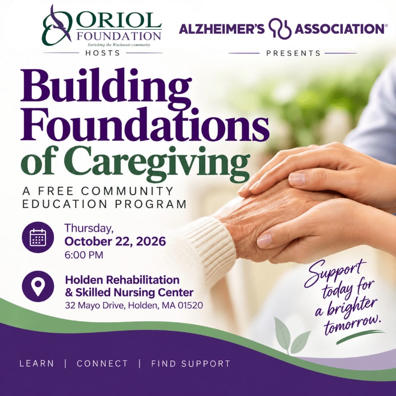 Text announcing a caregiving education program is overlaid on a foreground of two hands holding each other against a blurred green background.