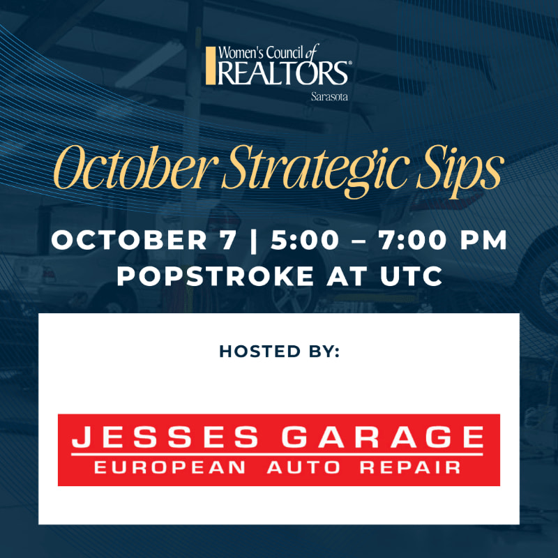 Text announcing "October Strategic Sips" on October 7th is overlaid on a dark blue background featuring a blurred image of a garage with cars.