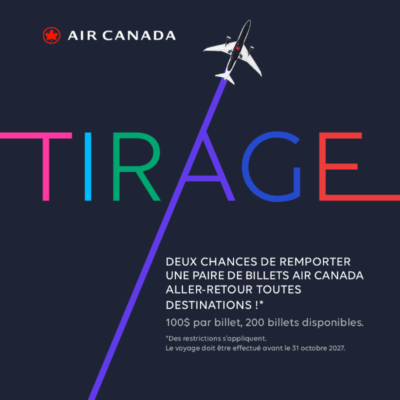 A white airplane ascends along a purple streak across a dark blue background featuring the Air Canada logo and the word "TIRAGE" in colorful letters.