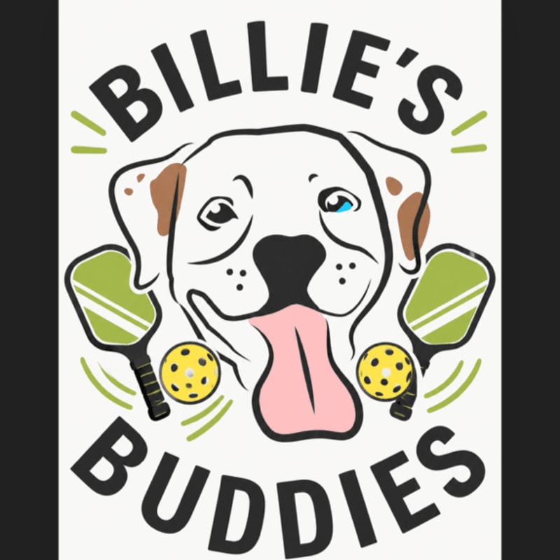 A cartoon white dog with its tongue out is centered between two pickleball paddles and balls, framed by the text "BILLIE'S BUDDIES" against a plain white background.