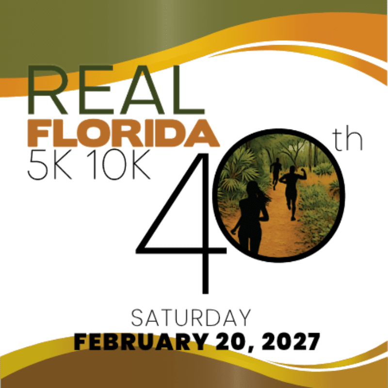 Text for a "Real Florida 5K 10K" race on February 20, 2027, is set against a white background with orange and green waves and a circular inset showing runners in a forest.