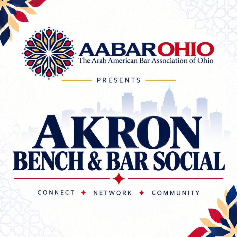 Bold blue and red text announcing the "Akron Bench & Bar Social" by AABAROHIO sits in the foreground against a white background featuring a light blue city skyline silhouette and decorative floral corners.